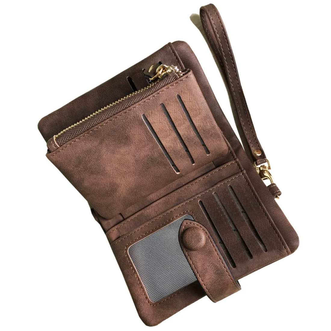 Premium AOXONEL Women's Small Bifold Leather wallet Rfid blocking Ladies Wristlet with Card holder id window Coin Purse Brown Recyclable
