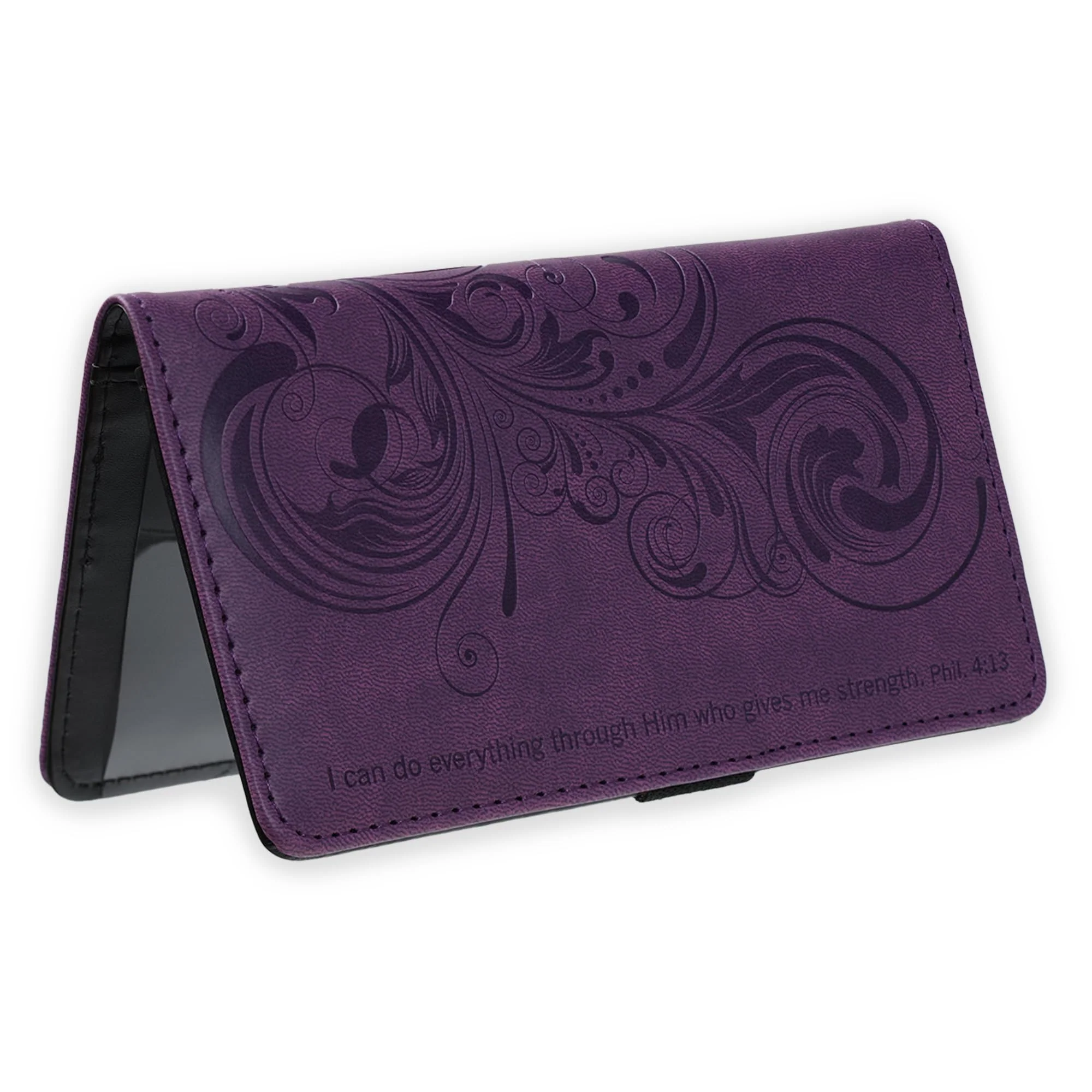 Certified christian art gifts purple faux leather checkbook cover for women - i can do everything through him bi-fold duplicate checks id credit cards pen… Fine Crafted