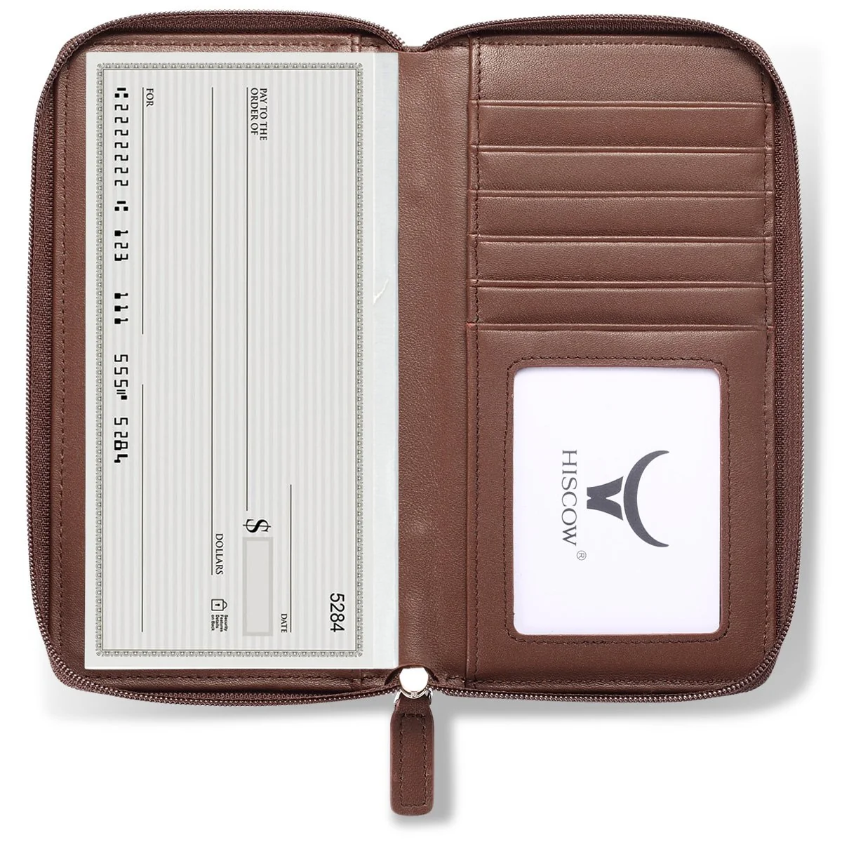 Crafted HISCOW Zippered Checkbook Cover Card Holder with Divider - Italian Calfskin Brown Easy-to-Use