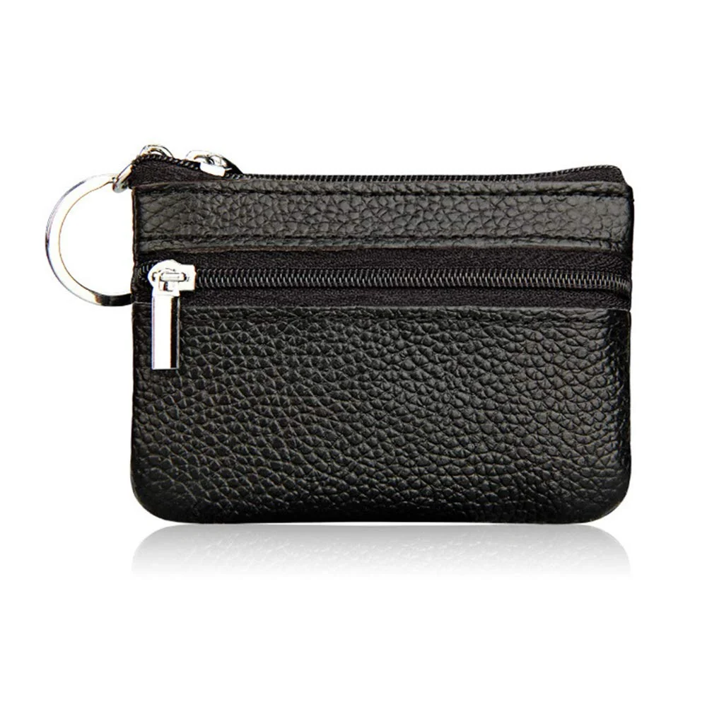 Traditional Hibate Black Small Leather Coin Purse Change Pouch for Women Men Kids with Zip Key Ring Safe
