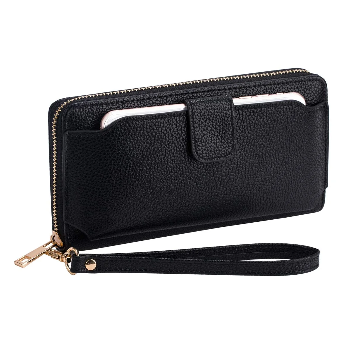 Advanced Women Wristlet Wallet with Cell Phone Holder Zip Around Handbag Black Large Optimized