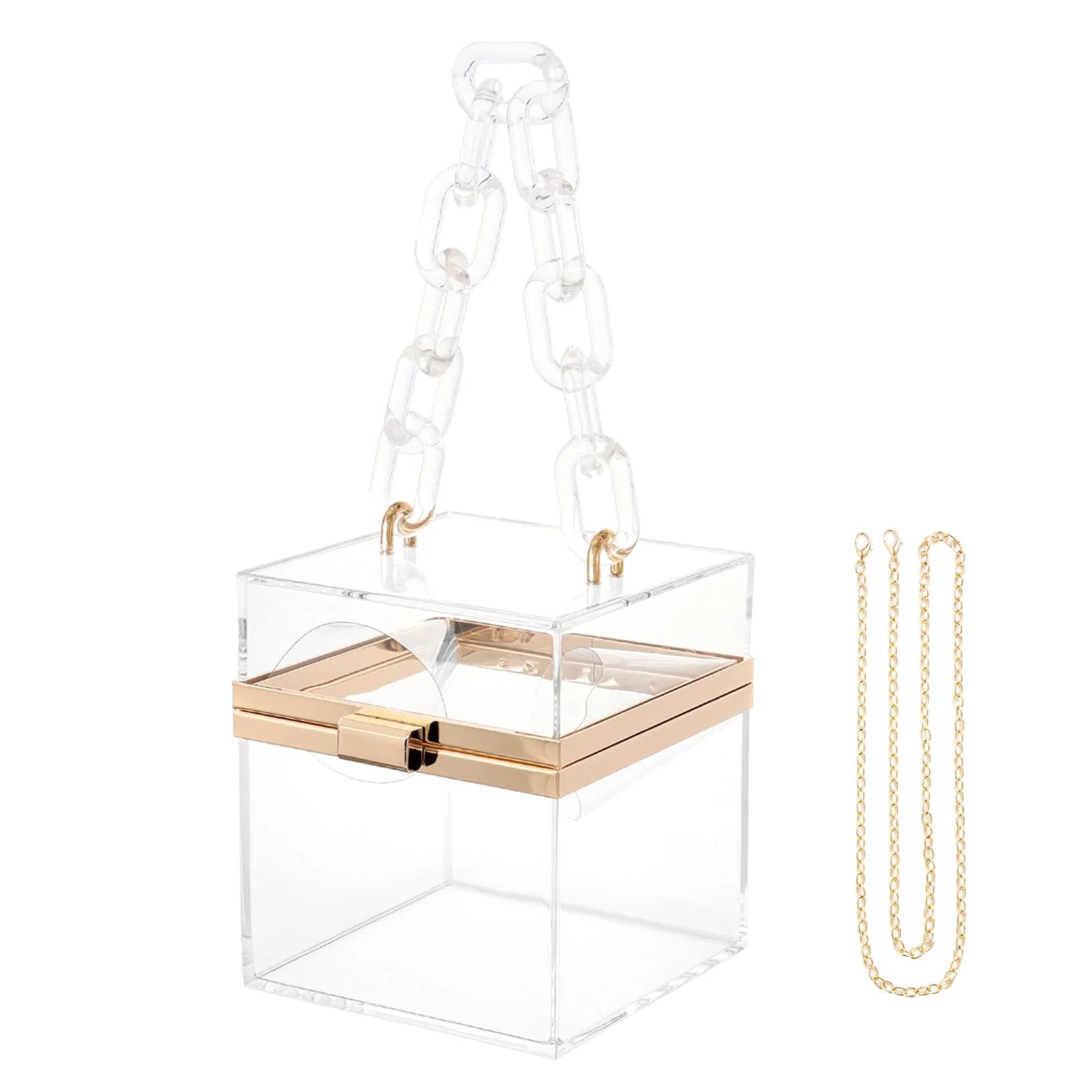 Effective WJCD Cute Clear Acrylic Plastic Neon Hard Frame Party Clutch Purse with Gold Chain Strap Transparent Organic