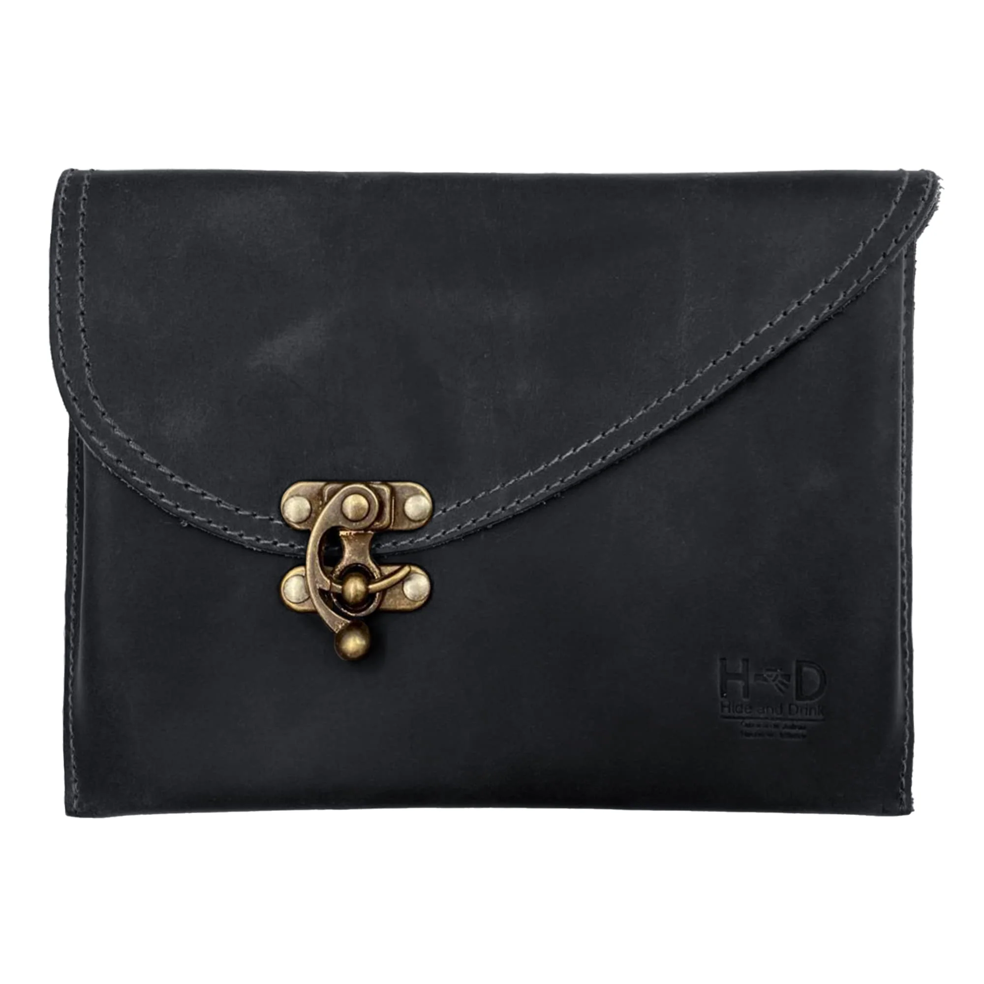 Fine Crafted Hide Drink Petit Travel Vintage Clutch Bag Handmade from Full Grain Leather Women's Fashion Charcoal Black Stylish