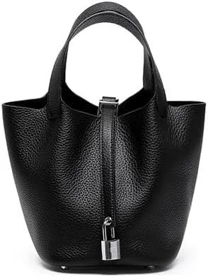 Certified ADPWRL Leather Soft Bucket Bag for Women Fashion Lock Design Handbags Vegetable Basket Satchel with Top Handle Bags Black Silver Lock Enhanced