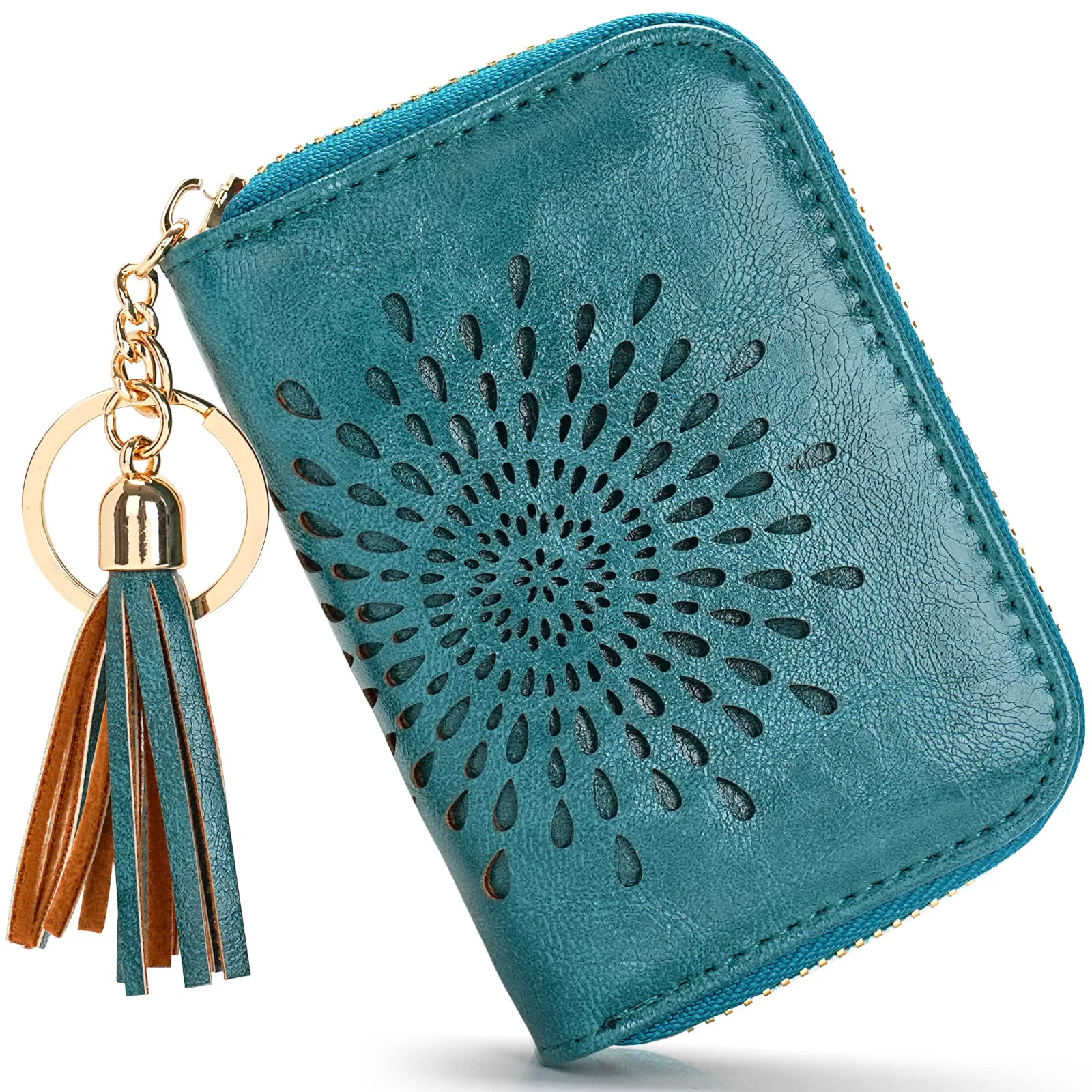 Official APHISON RFID Credit Card Holder Zipper Card Case Keychain Small Wallet for Women 1927 PEACOCK-BLUE Dependable
