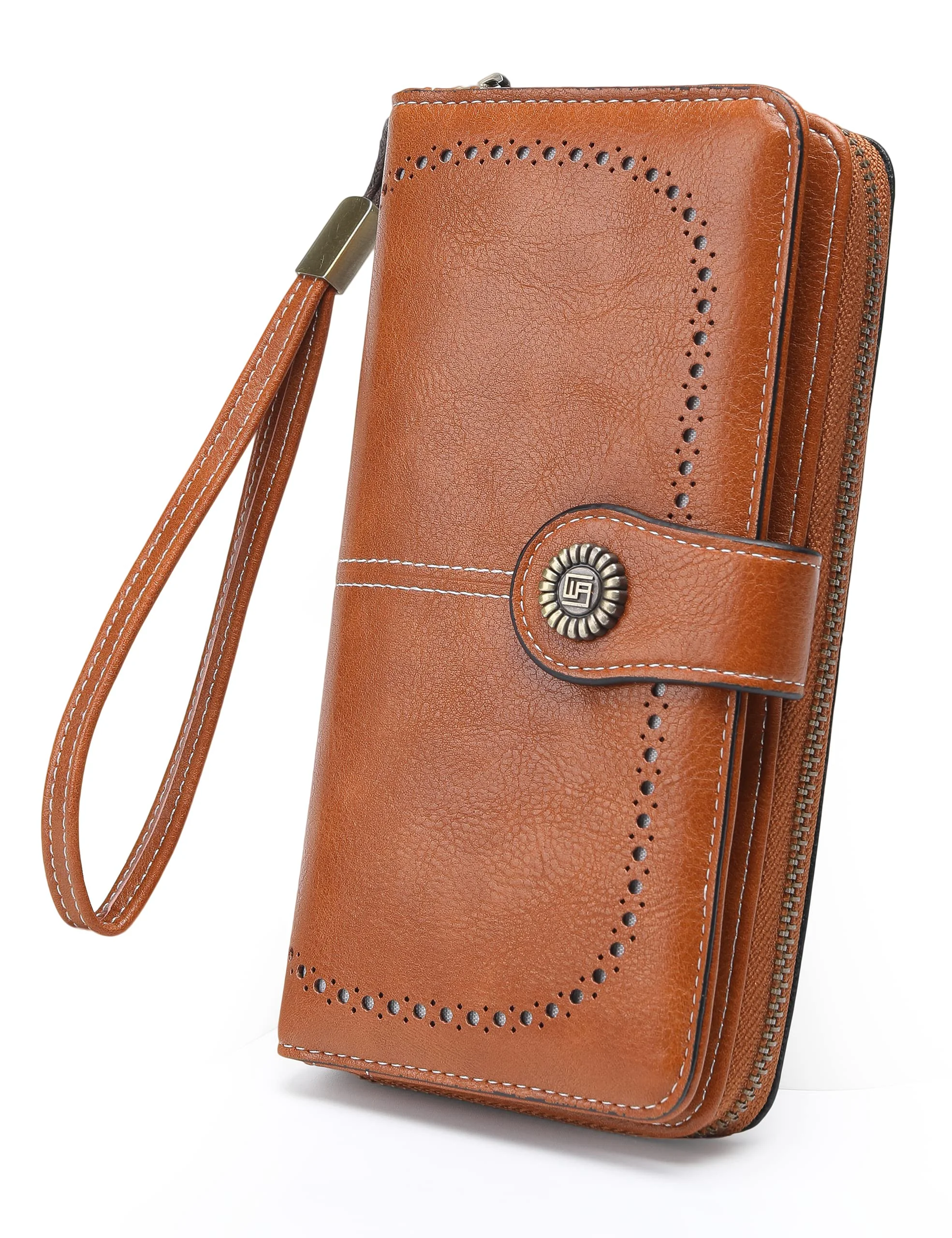 Top-Quality JJUQ Womens Wallet Leather Large Capacity Card Holder Zipper Wristlet Wallets for Women-brown Classic
