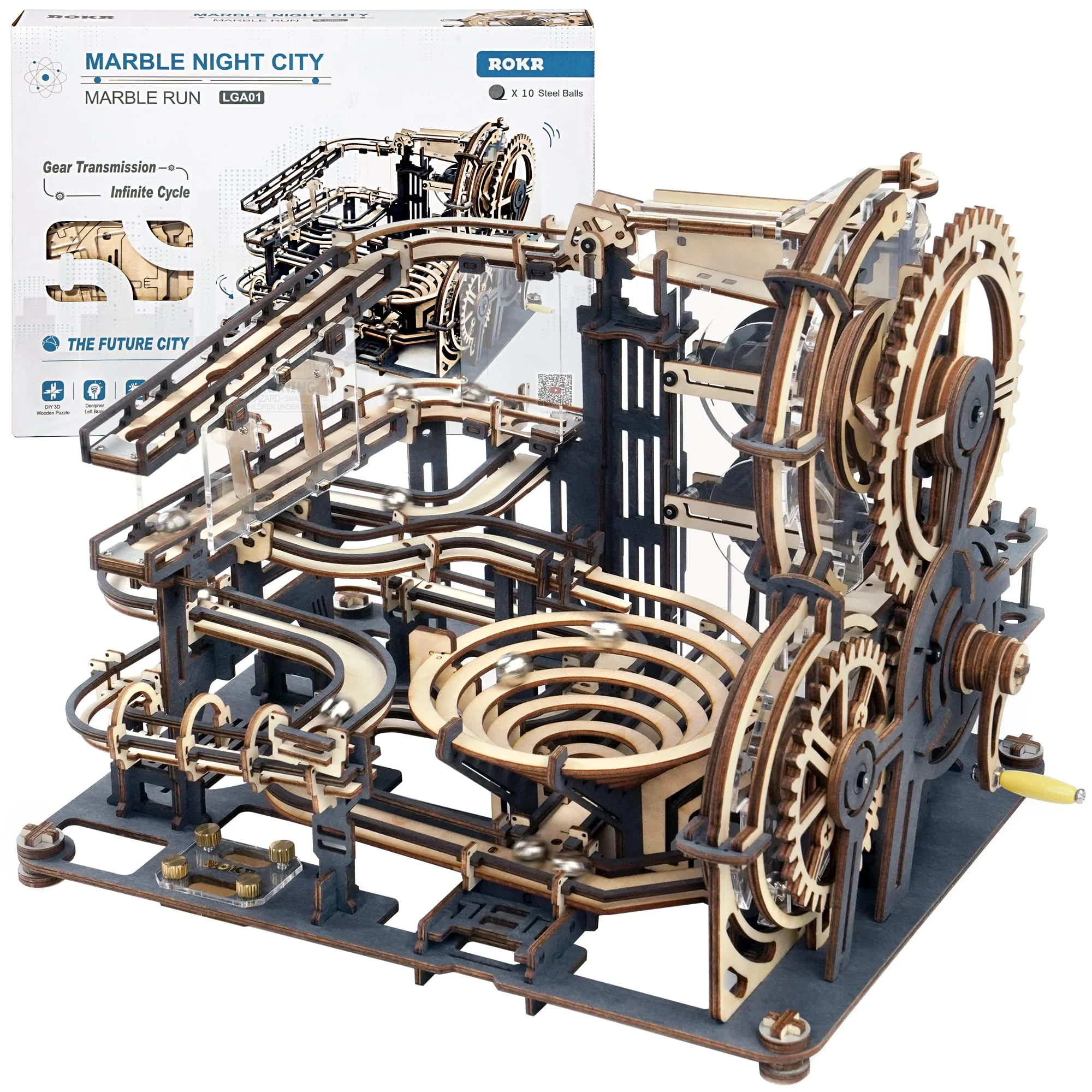 Carefully Designed ROKR 3D Wooden Puzzles for Adults Marble Run Model Building Kit LGA01 Marble Night City Green