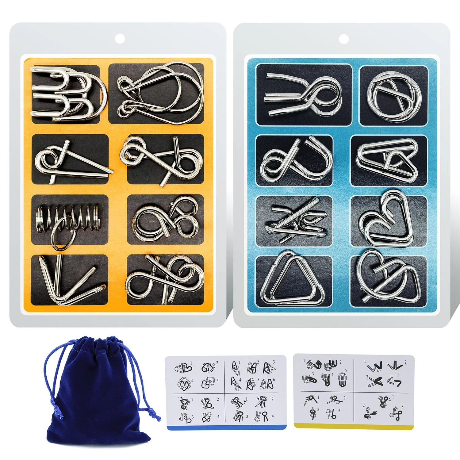 Next-Generation Metal Wire Puzzle 16-Piece Set with Pouch – IQ Test Brain Teaser Disentanglement Chinese Ring Fidget Toy for Kids Adults – Portable Party Favor Solid