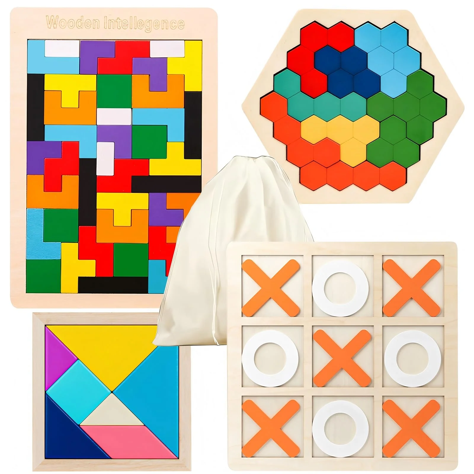 World-Class 4-Pack Wooden Puzzle Set – Russian Blocks Hexagon Tangram Puzzles Tic Tac Toe Brain Teasers Montessori STEM Educational Toy for Kids Adults Clean
