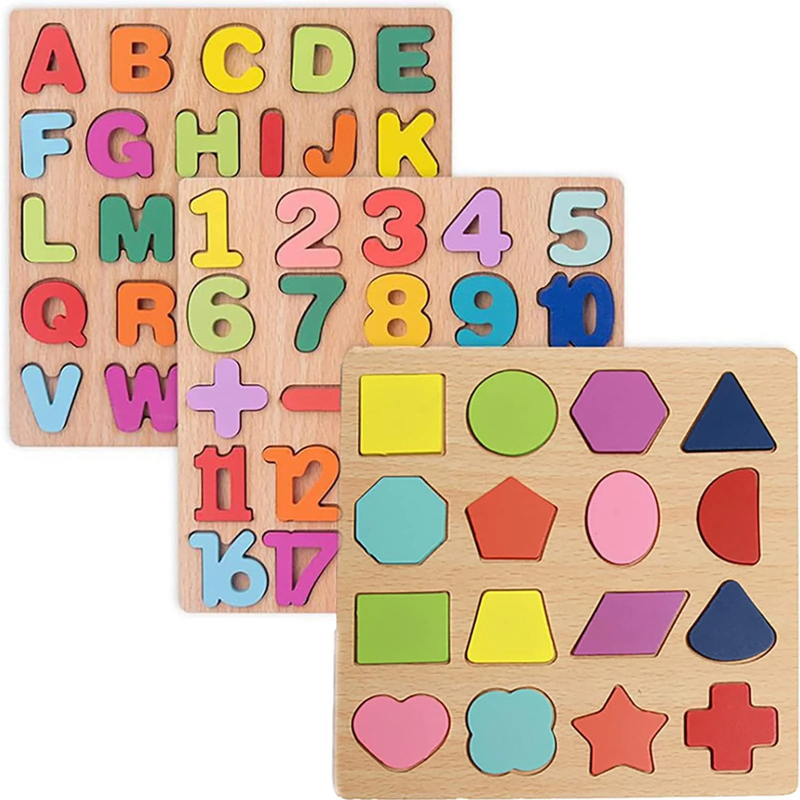 Versatile Wooden Puzzles for Toddlers – 3 Pack Alphabet Number Shape Montessori Puzzles for Kids Ages 3 Boys Girls Artisan