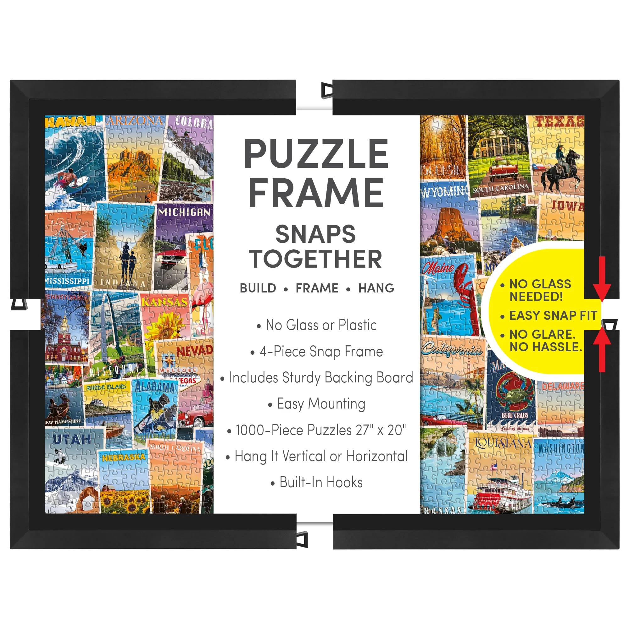 Authentic Funwares 20x27 Puzzle Frame – Matte Black Finish Easy Assembly Lightweight Fits Most 1000 Piece Jigsaws Built-In Hanging Hooks User-Friendly