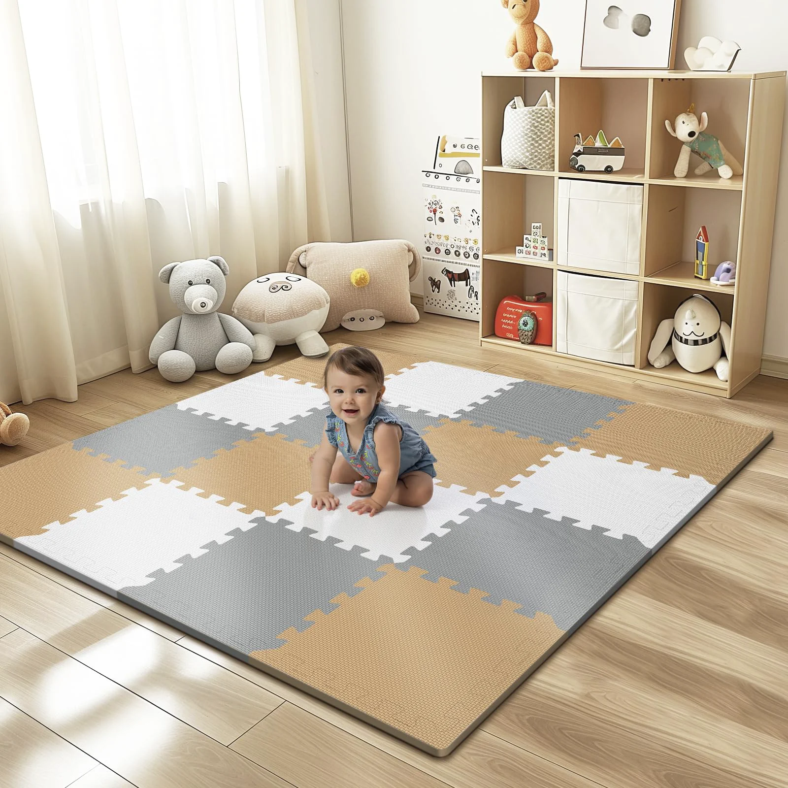 Top-Quality 16 Tiles Baby Play Mat – 0.6 Thick EVA Foam Interlocking Floor Tiles Soft Play Mat for Babies Toddlers Kids White-Brown-Grey Dependable