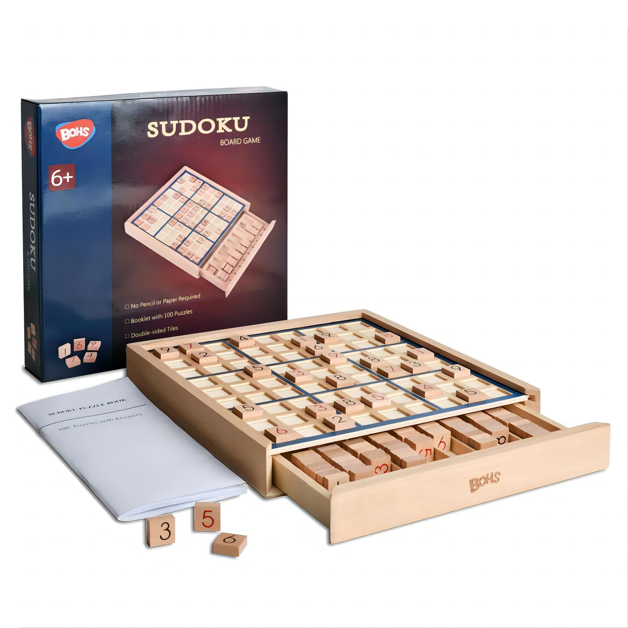 Detailed BOHS Wooden Sudoku Board Game with Drawer - with 100 Puzzles Sudoku Book for Adults - Brain Teaser Desktop Toys Safe