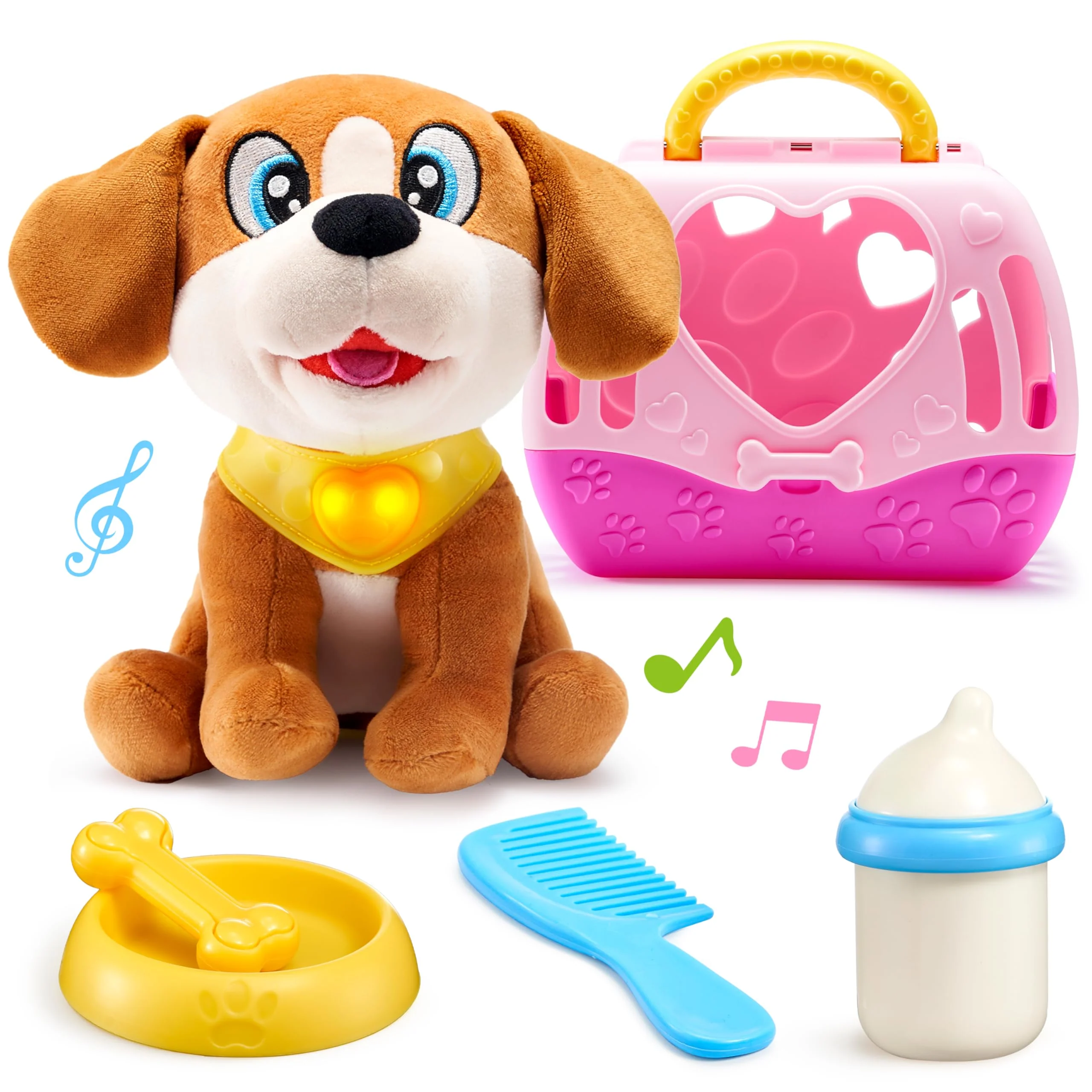 Elite JOYIN Toy Dog for Toddlers Play Puppy Toy with Carrier Accessories Plush Dog with Interactive Button Lights Sounds Pet Care Set for Kids 1 2 Next-Generation