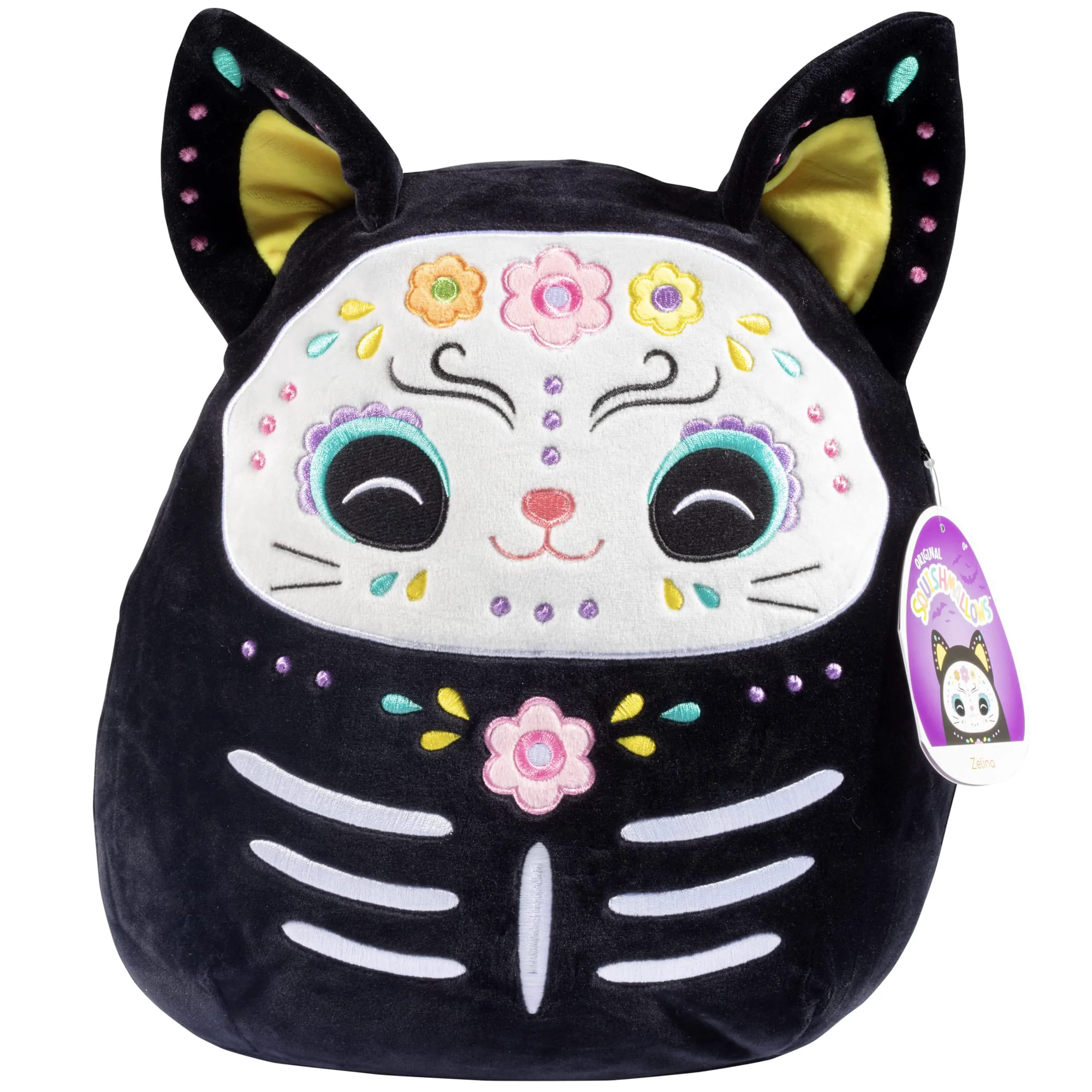 Trendy Squishmallows 12-Inch Zelina The Day of The Dead Cat - Soft Plush Black Kitty with Sugar Skull Design - Collectible Stuffed Animal Pillow - Halloween Contemporary