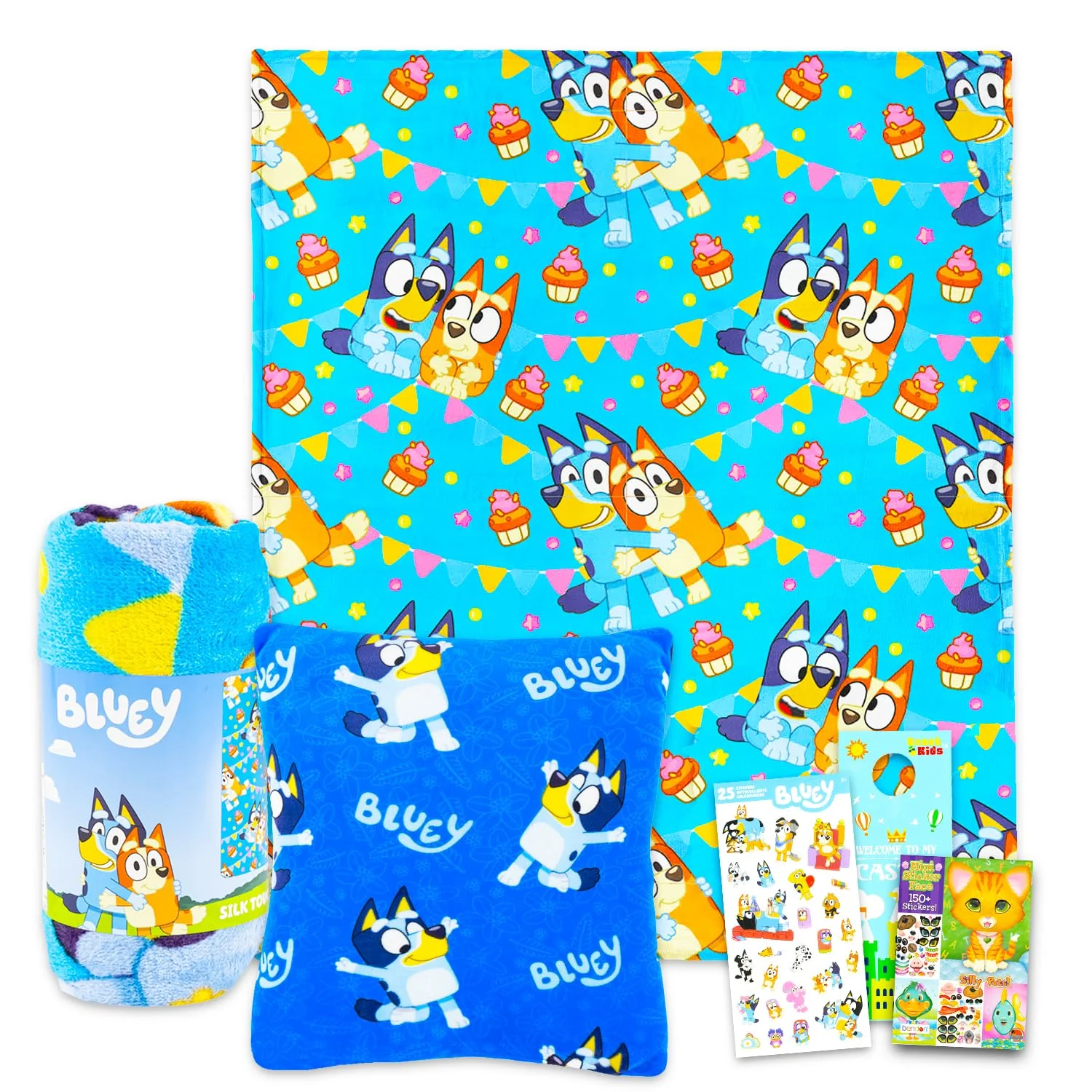 Official Bluey Travel Blanket and Pillow Set - Bundle with 40 x 50 Throw Blanket Plush Pillow Stickers More Bluey and Bingo Travel Accessories for Kids High-Quality