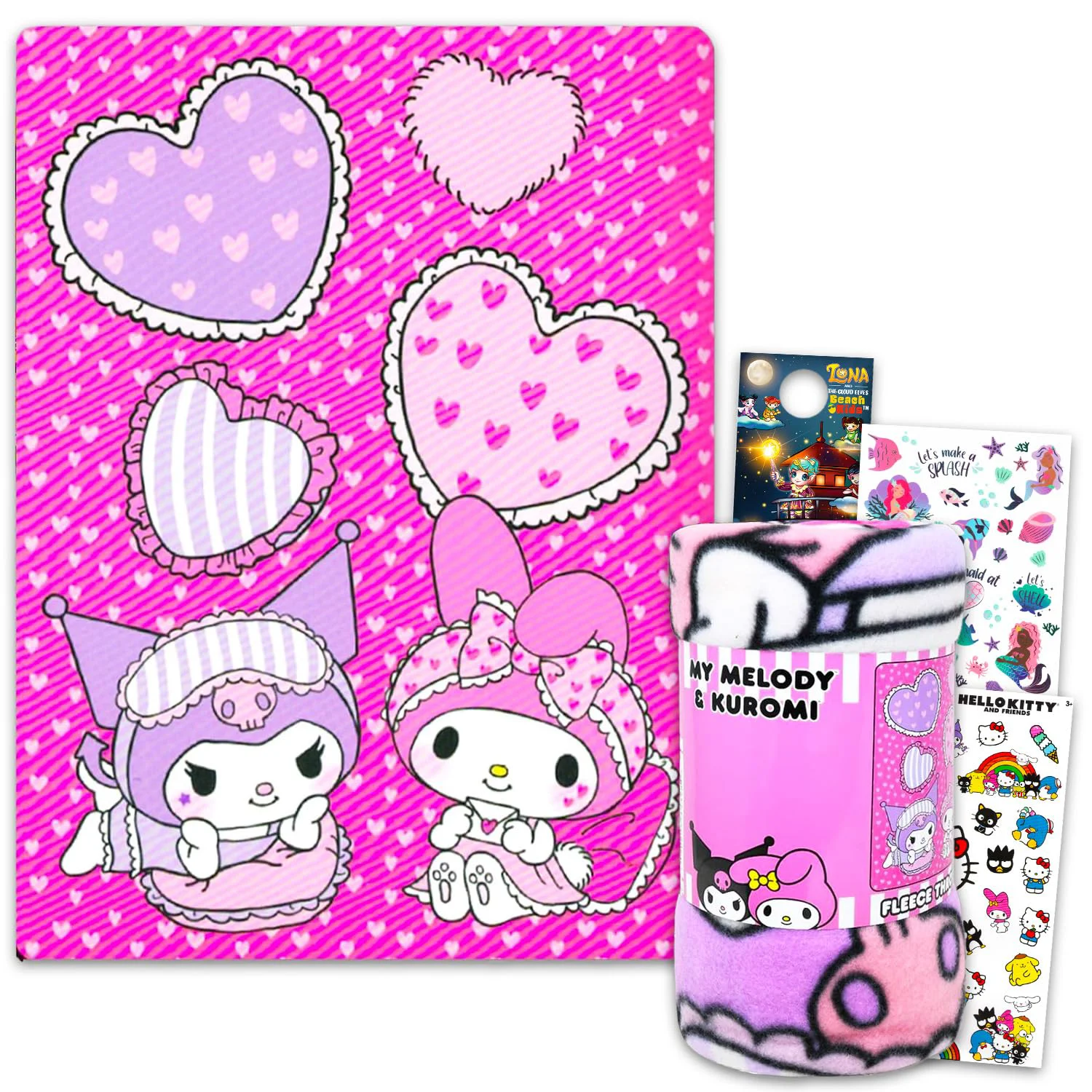 High-Performance Sanrio Fleece Blanket Set - My Melody and Kuromi Blanket Bundle with Hello Kitty Stickers Tattoos More for Kids Toddlers Children 45 x 60 My Selected