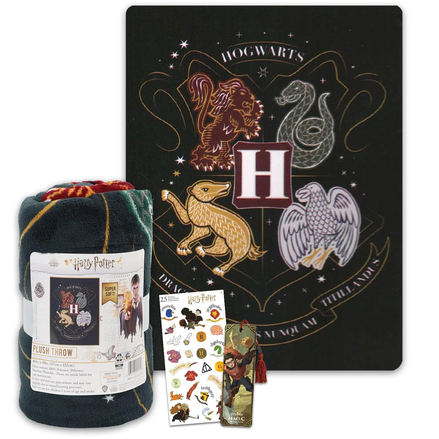 Enhanced Harry Potter Throw Blanket Set - Hogwarts Bundle Includes 46x60 Plush Throw Stickers More Wizard Blanket for Kids Detailed