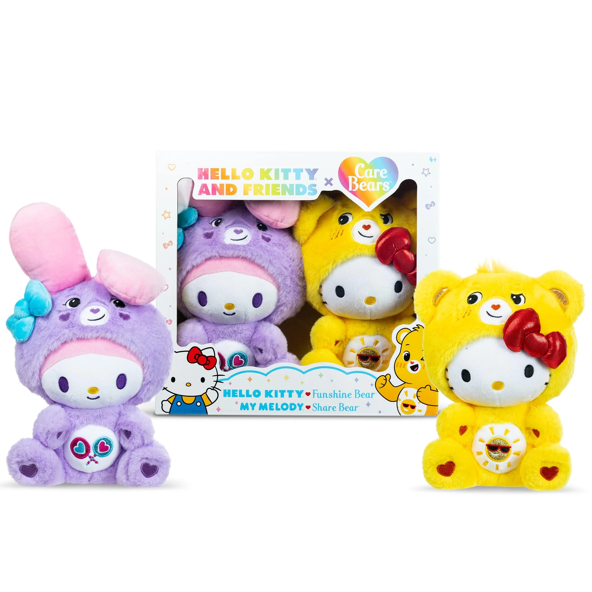 Casual Care Bears x Hello Kitty Plush 2 Pack - Hello Kitty as Funshine Bear My Melody as Share Bear Luxury