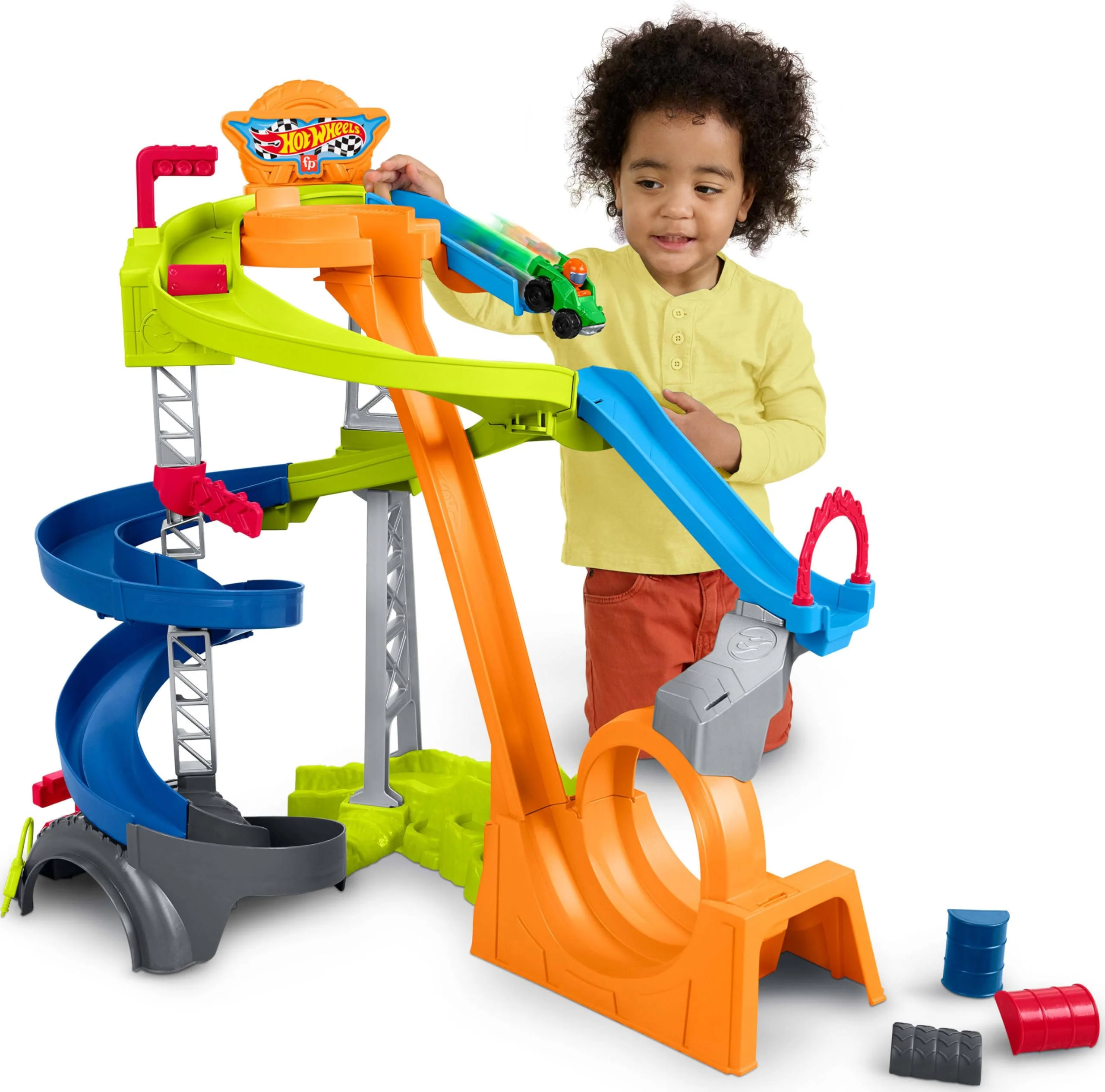Fashionable Fisher-Price Little People Toddler Toy Hot Wheels Spiral Stunt Speedway Race Track Playset with 2 Cars for Pretend Play Kids Ages 18 Months Innovative