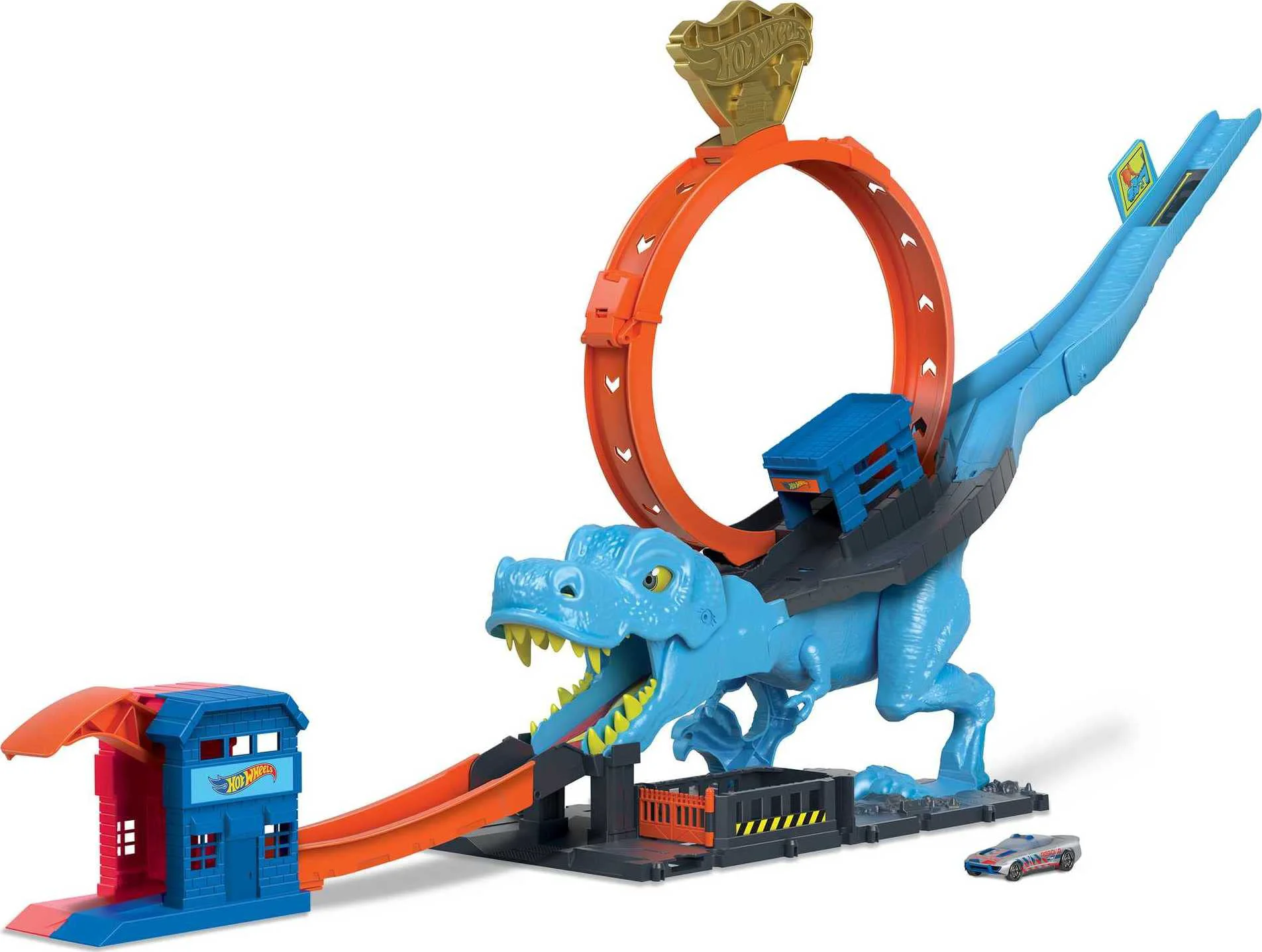 Specialty Hot Wheels City Track Set with 1 Toy Car Race Through a Giant Loop to Defeat a Big Dinosaur T-Rex Loop Stunt and Race Playset Recyclable