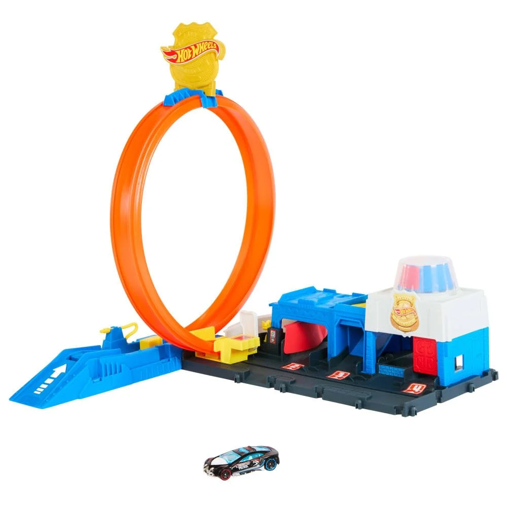 Comfortable Hot Wheels Toy Car Track Set Super Police Station Playset with 1 64 Scale Die-Cast Vehicle Adjustable Loop for Multiple Ways to Race Stunt Unique