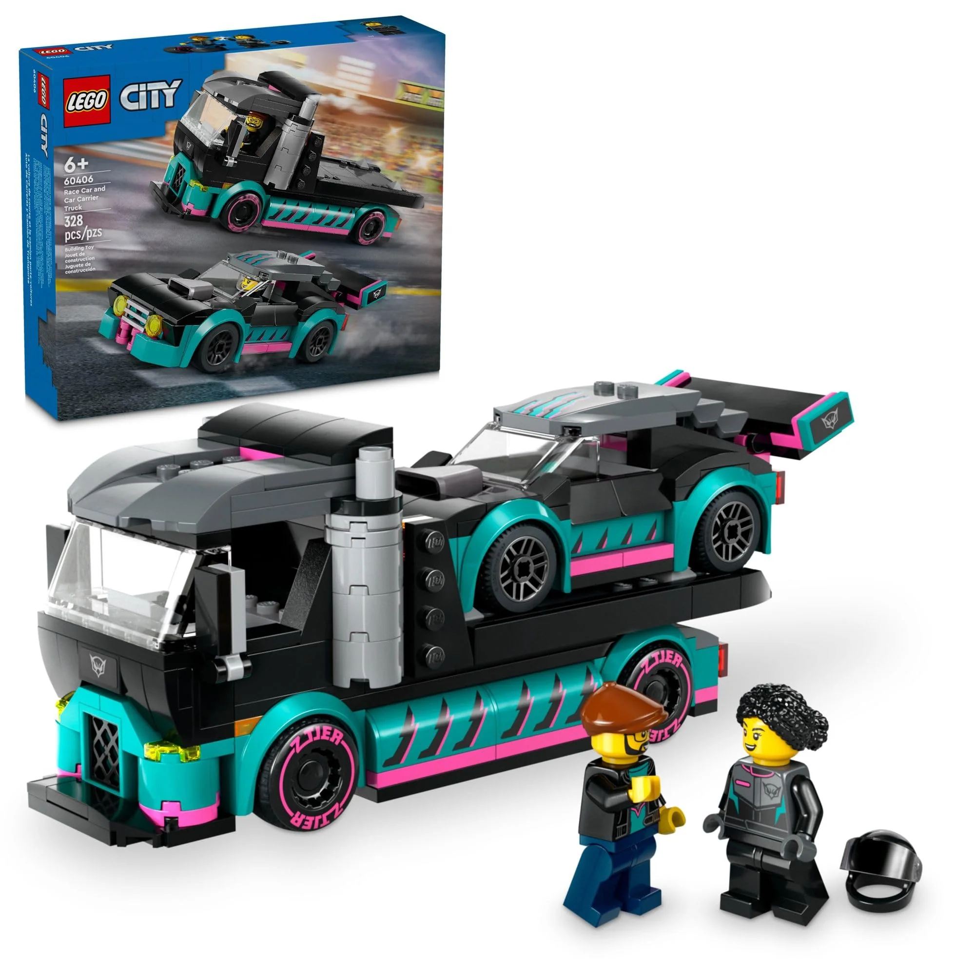 Lightweight LEGO City Race Car and Car Carrier Truck Toy Playset Vehicle Transporter with Adjustable Loading Ramp and Race Car Toy Racer and Driver… Clean
