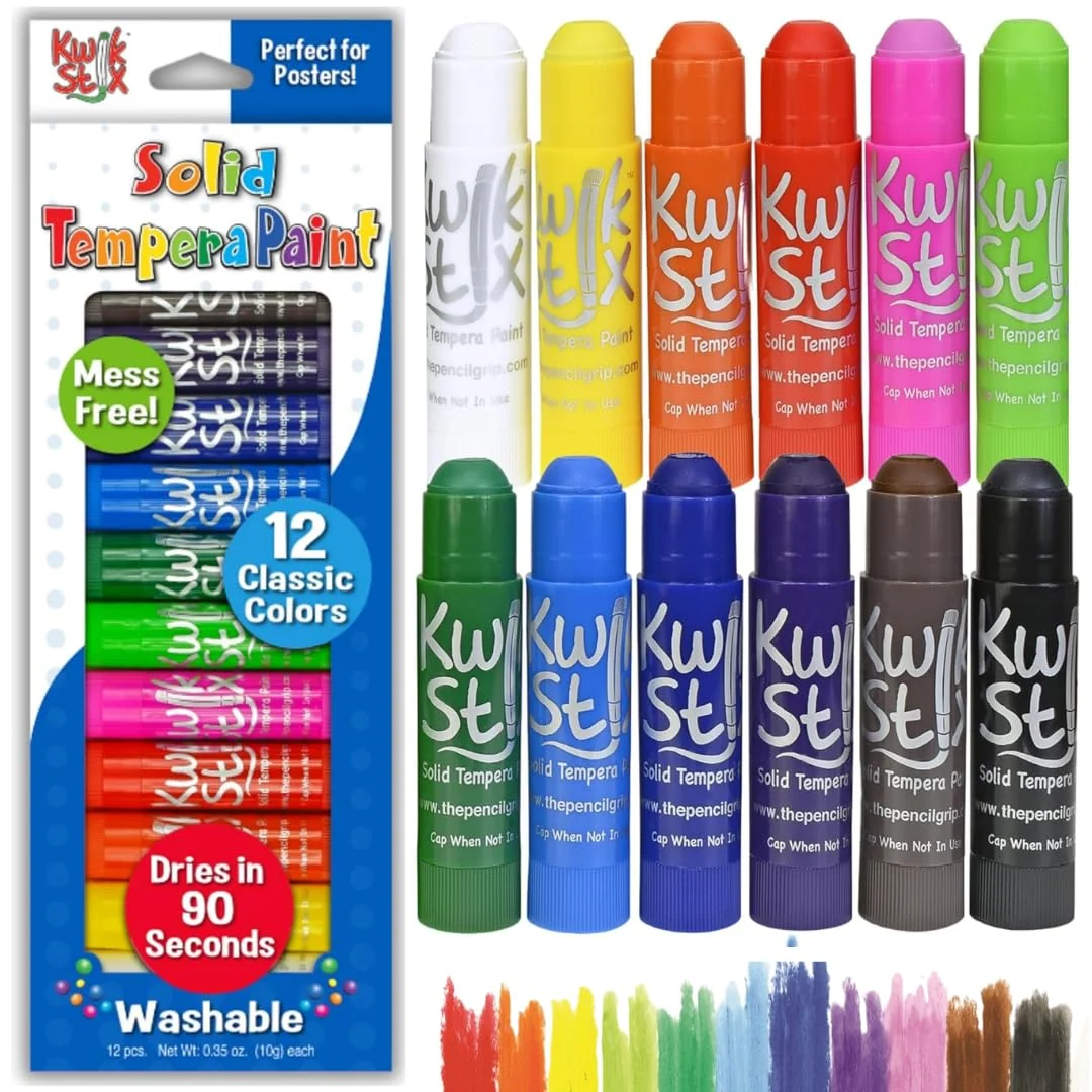 Effective Kwik Stix Solid Tempera Paint Sticks 12 Colors Washable Paint Sticks for Kids Super Quick Drying Non-Toxic Allergen Comes in Classic World-Class