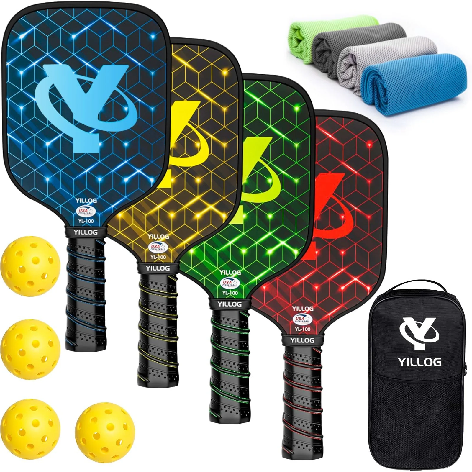 Stylish YILLOG Pickleball Paddles USAPA Pickleball Paddle Set 4 Fiberglass Surface Pickleball Set 4 Pickleball Balls 4 Cooling Towels Bag Pickle… Clean