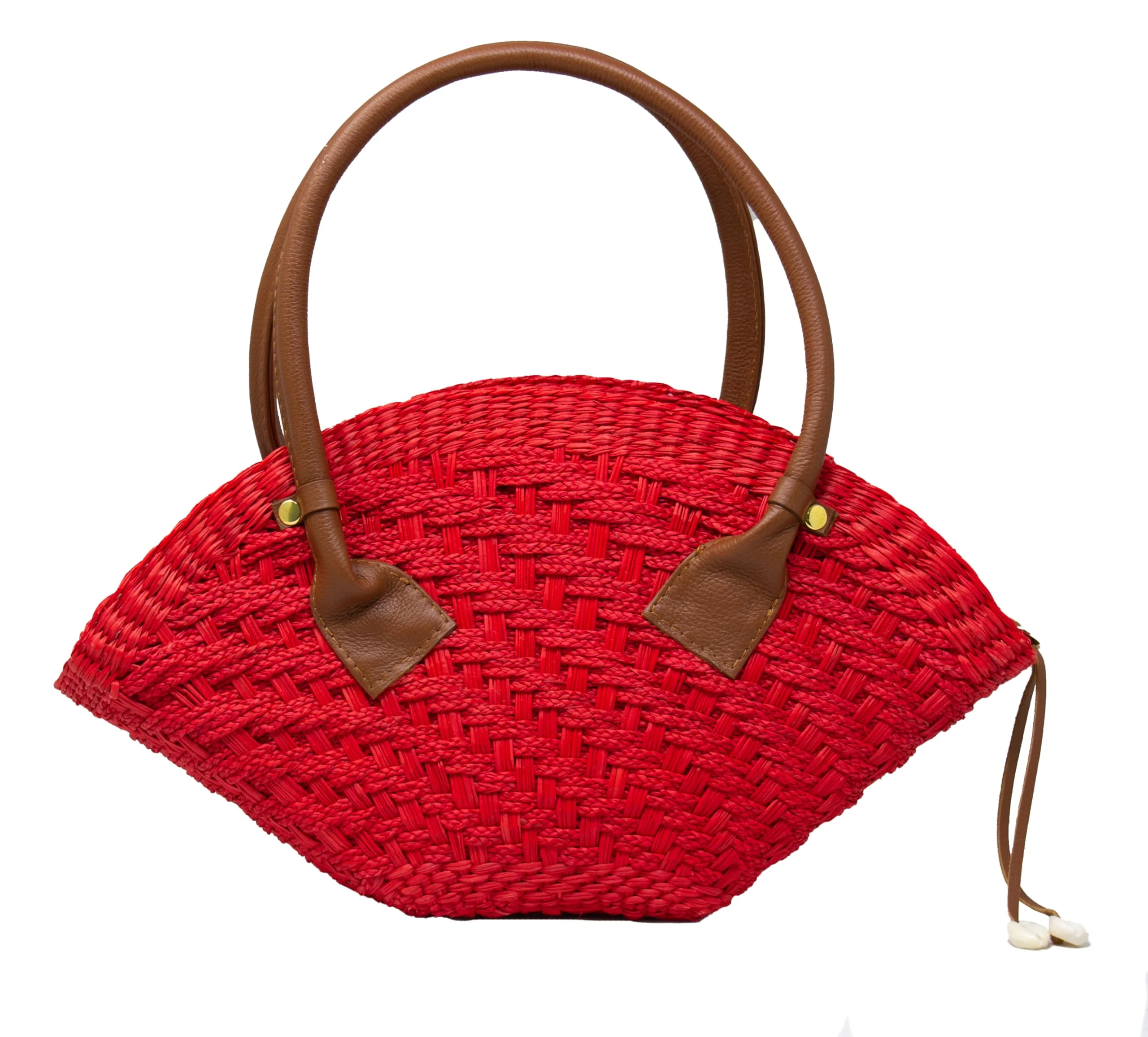 Easy-to-Use Sensi Studio Thick Weave Mini Basket Unique Red Straw Camel Leather Strap Red Linen Lining Clean