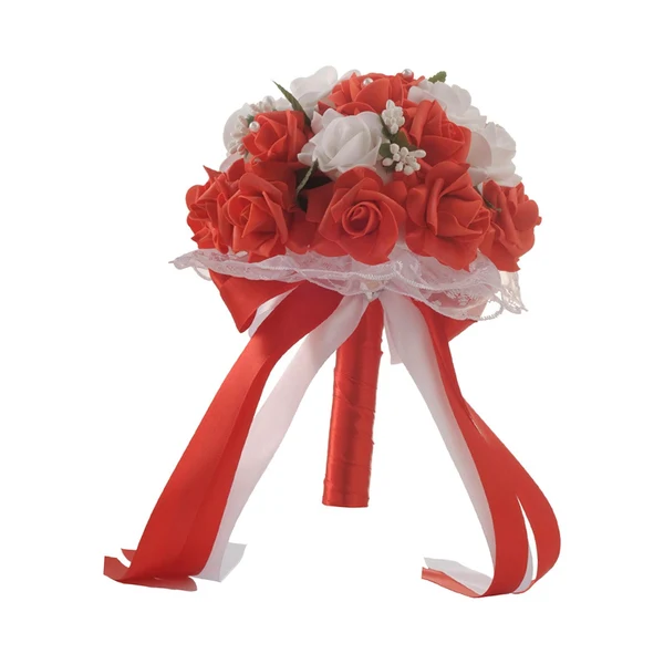 Lightweight Maxbell Wedding Bride Bouquet with Silk Ribbon for Anniversary Church Decoration Red Premium