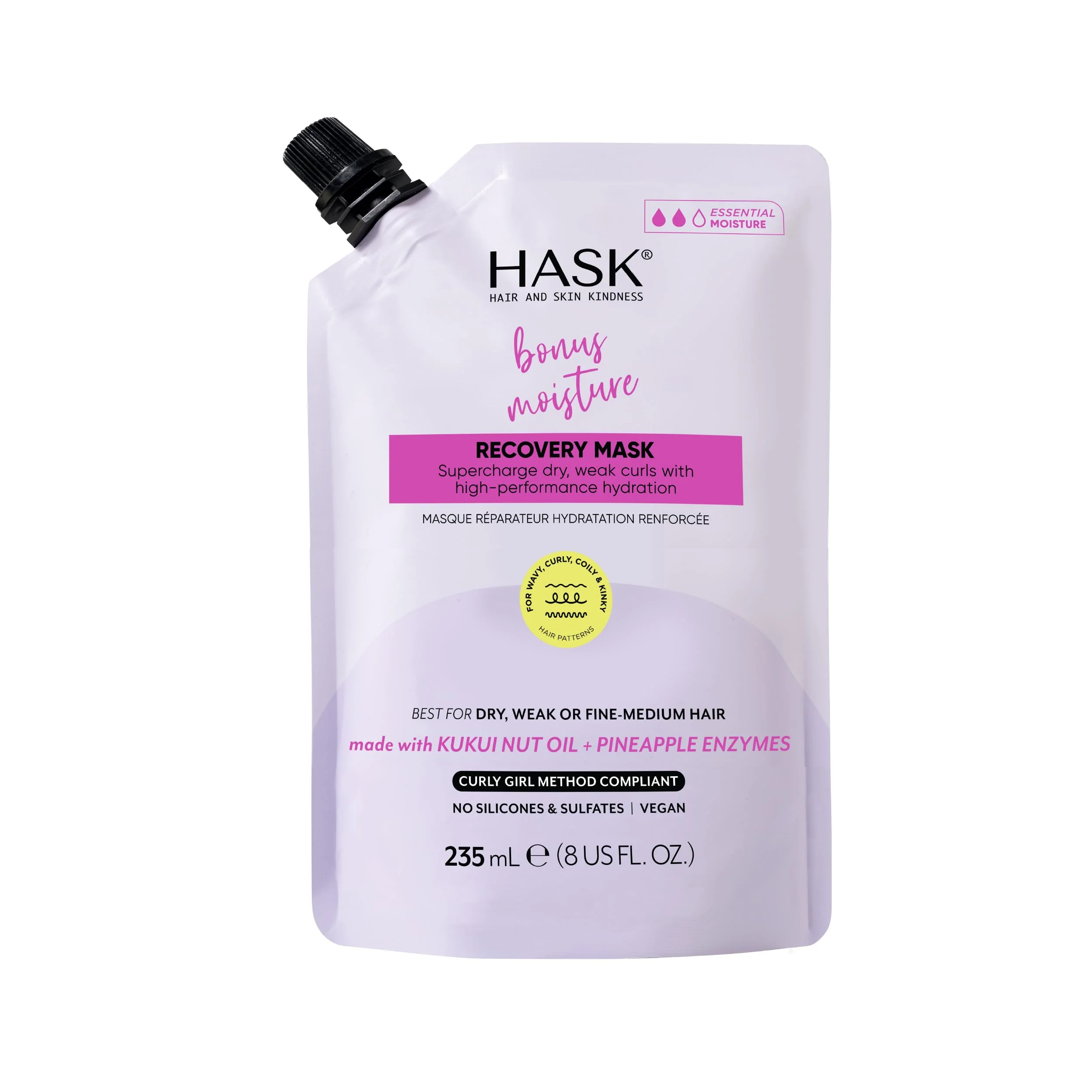 Unique HASK Bonus Moisture Recovery Mask with Kukui Nut Oil Pineapple Enzymes for Wavy Curly Coily Kinky Hair Hydrates Softens Prevents Damage Durable