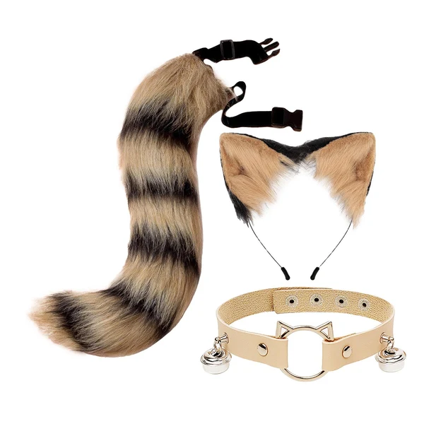 Classic Maxbell Faux Fur Cat Ears and Tail Set Costume Fancy Dress Gift for Stage Shows Black Yellow Premium