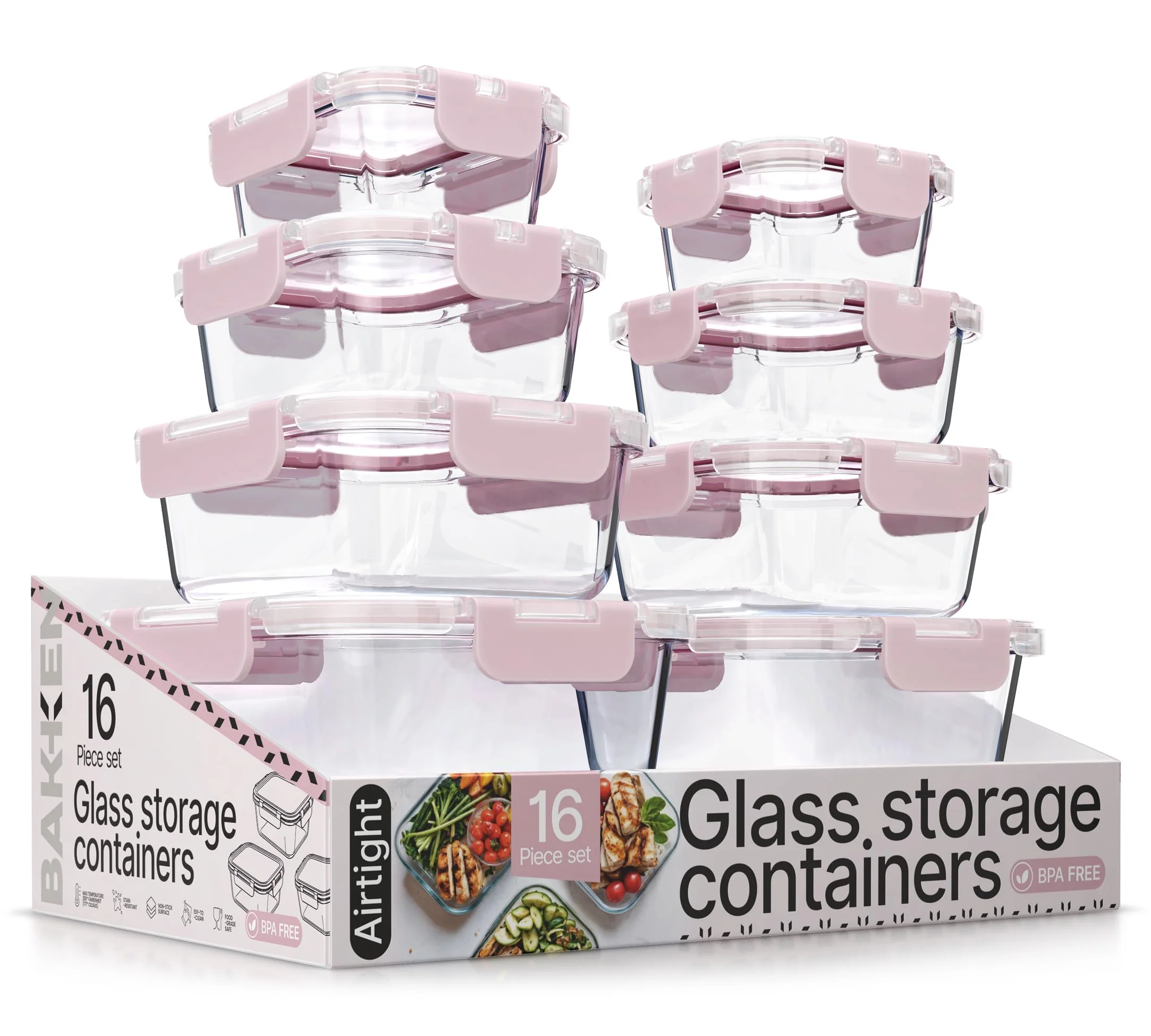 Secure Bakken Borosilicate Glass Food Storage Containers with Lids 16 Pieces BPA- Stackable Lunch Leftover Containers Microwave zer… Selected