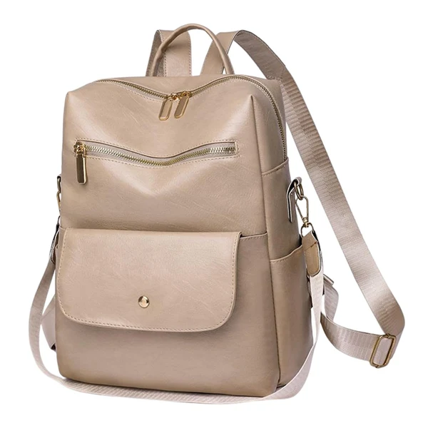 Luxury Maxbell Women Backpack Girls Shoulder Bag Rucksack Multi Pocket PU Leather Handbag Beige First-Class