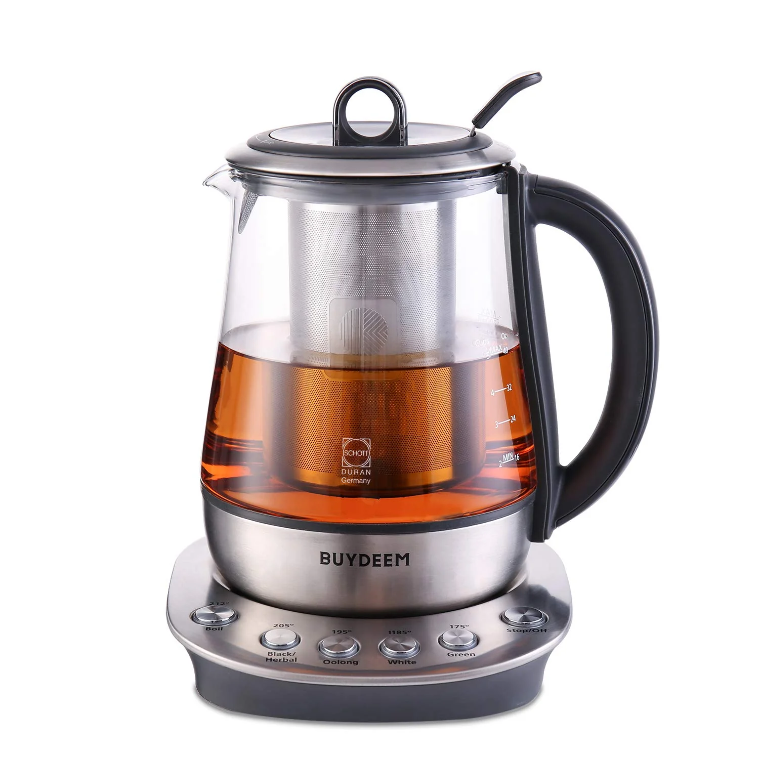 Authentic BUYDEEM K2423 Tea Maker 316 Stainless Steel Heat Resistant DURAN Glass Electric Kettle 5 Temperature Settings Removable Infuser Auto Keep Warm… Solid