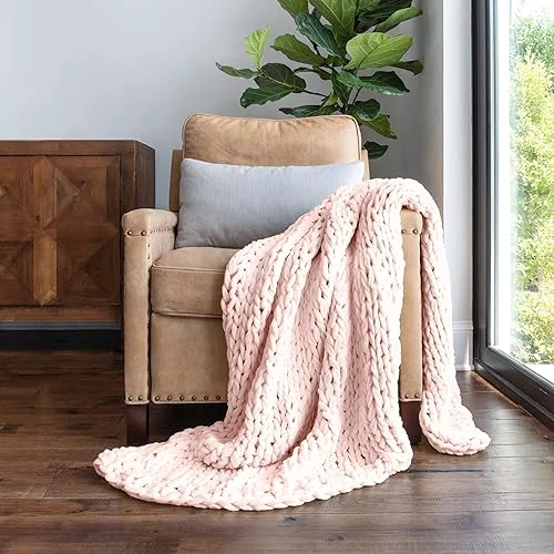 Long-Lasting Linen Market Beddings Oversized Chunky Knit Throw Blanket Acrylic Hypoallergenic - 47'' x 59'' Cozy Home Accent for Snuggling Lounging and Stylish User-Friendly