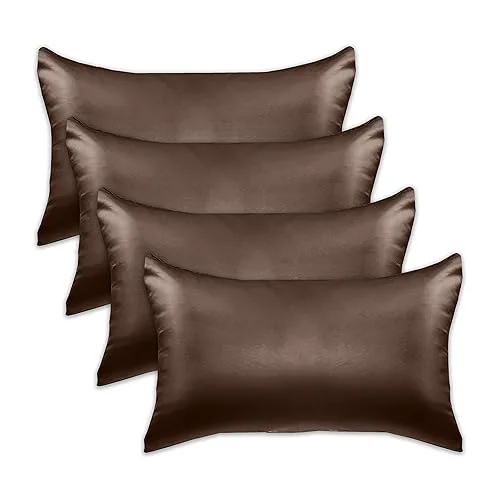 Healthy Elegant Comfort 4-PACK Chocolate Brown Satin Pillowcase Set with Hidden Zipper closure Silky Smooth for Hair and Skin Care-Beautiful Gift Box-4-Piece Unique