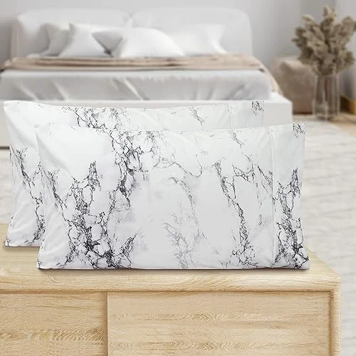 Detailed Valerian Marble Printed Pillowcases 2-Piece Set Egyptian Quality 1500 Thread Count Timeless Classic Designs Soft and Smooth Weave Wrinkle Resistant Versatile