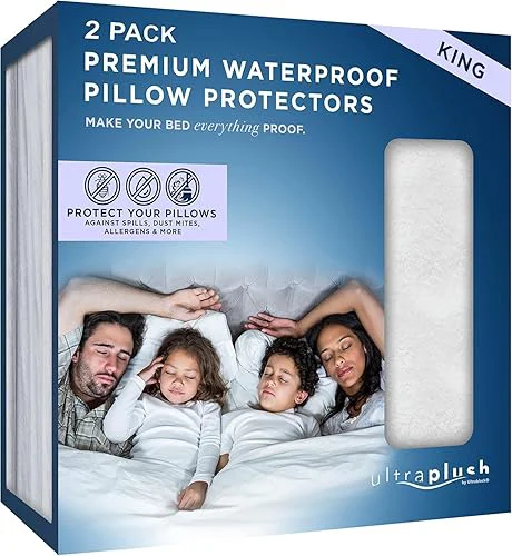 Classic UltraBlock Ultra Plush Premium Waterproof Pillow Protector Set of 2 - Zippered Pillow Case Cover - Super Soft and Quiet Feather Proof Encasement King High-End
