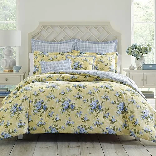 Fine Laura Ashley - Queen Comforter Set Soft Reversible Cotton Bedding Medium Weight for Year Round Comfort 7 Piece Bed Set with Matching Pillowcases Eco-Friendly