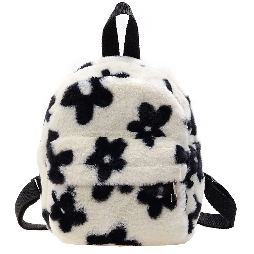 Stylish AnsenSUN Women Faux Plush Tote Bag Backpack Plush Backpack Preppy Style Flowers Printing Casual Knapsack Mini Rucksacks Black and White… Certified