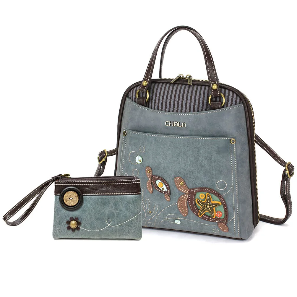 Enhanced Chala Group Handbags Turtle Convertible Backpack Purse and Double Fold Wallet Bundle- Turtle Lovers Indigo color Sophisticated