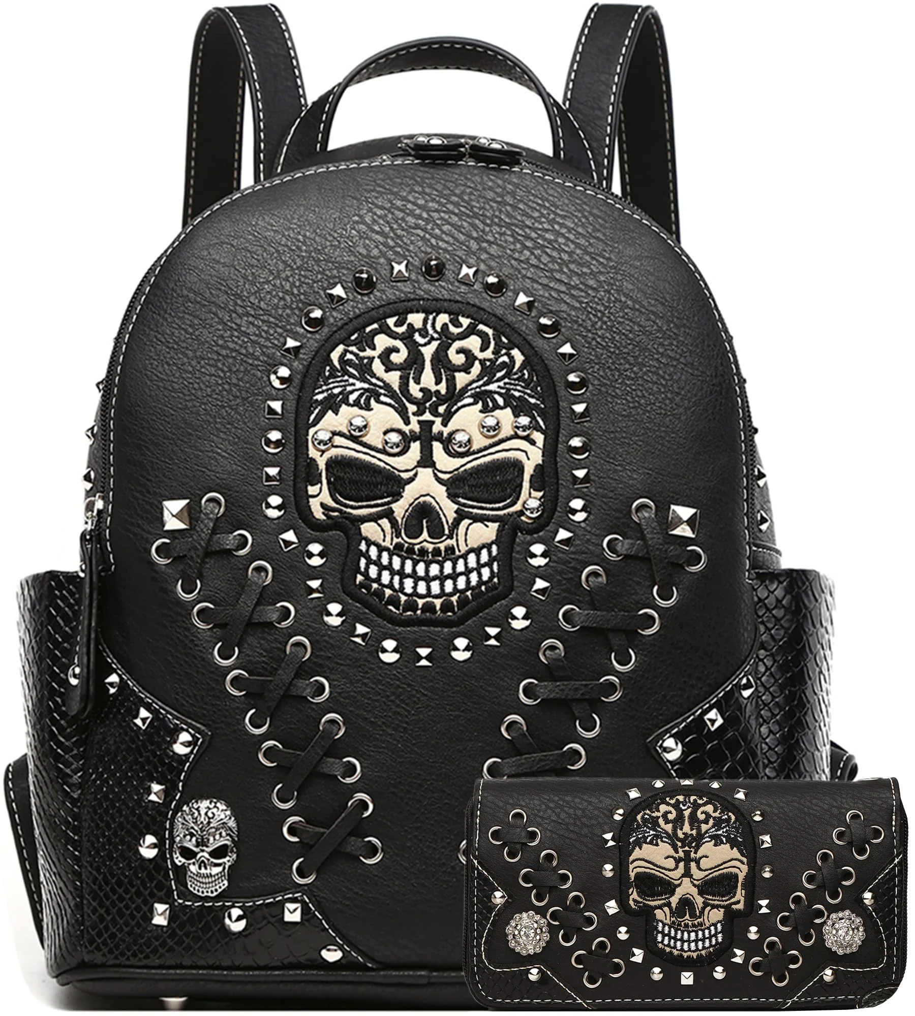 Recyclable Cowgirl Trendy Sugar Skull Punk Art Rivet Stud Biker Purse Women Fashion Backpack Python Daypack Shoulder Bag Wallet Set Black Set World-Class