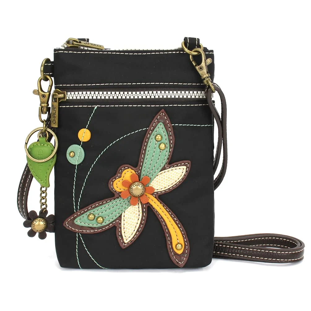 Classic CHALA Crossbody RFID Cell Phone Purse - Women Nylon Faux Leather Multicolor Handbag with Adjustable Strap Venture - Dragonfly - black Reusable