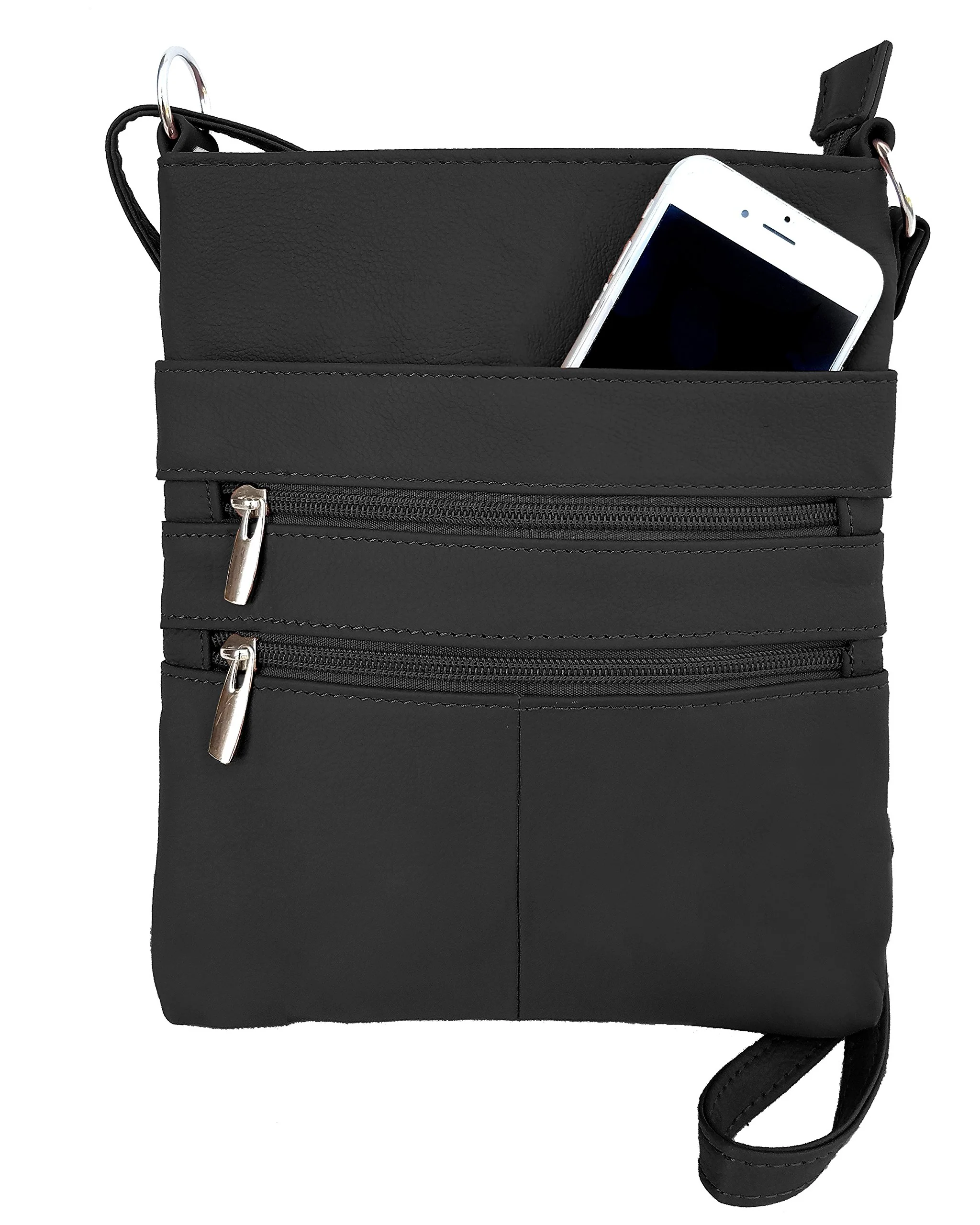 Recyclable Roma Leathers Mini Cross Body Purse - Multi Pocket Double Zipper Handbag - Premium Black Leather - Adjustable Shoulder Strap - Convenient Travel Bag… Premium Material