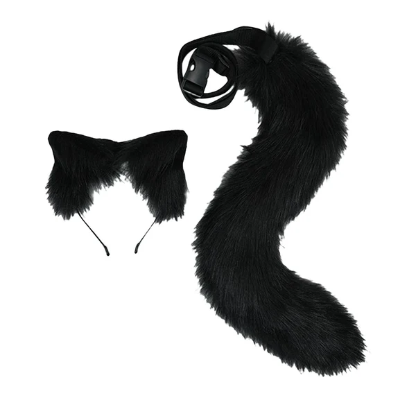 Superior Maxbell 2Pcs Plush Fox Ears and Tail Set Faux Fur Long Tails Cosplay Party Prop Black Pure