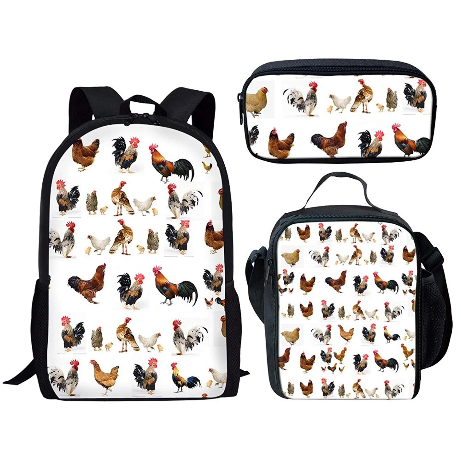 Premium doginthehole Chicken Print Backpack Set 3 Piece Shoulder School Book Bags for Kids Boys Girls Artisan