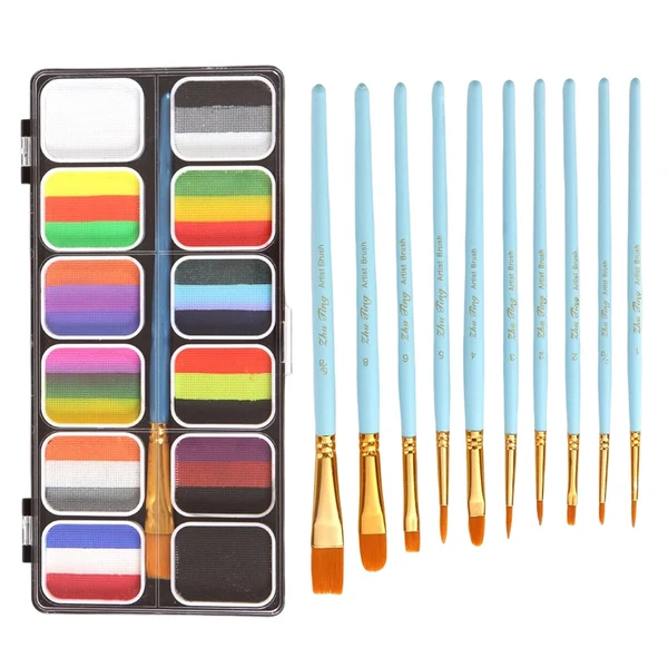Original Maxbell 12 Grid Face Body Paint Set Washable with 10 Brushes for Halloween Costumes Organic