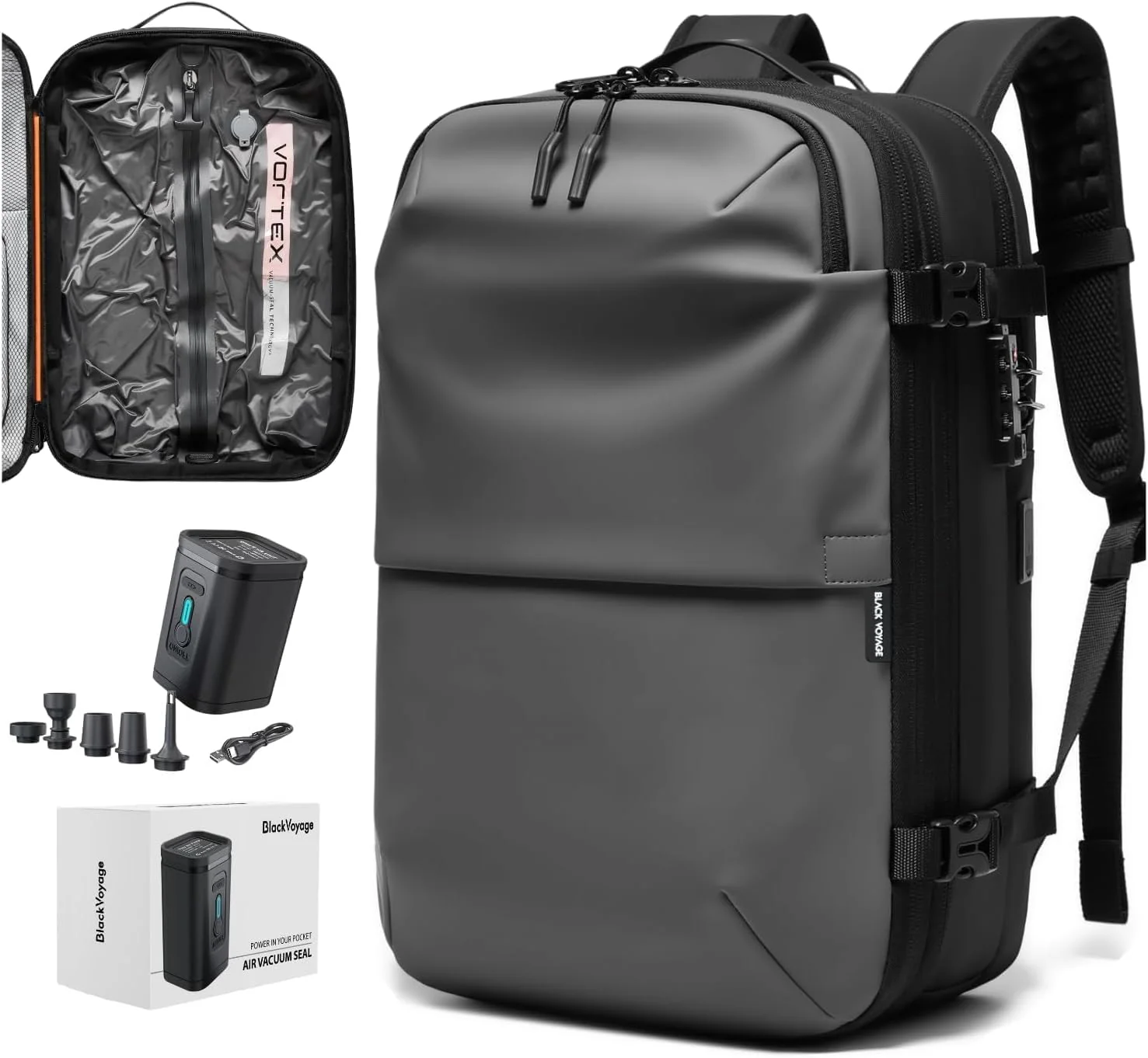 Sustainable BlackVoyage Vortex Vacuum Seal Travel Backpack 60L Expandable Air Compression System Water Resistant TSA Lock Carry-On Suitcase Luggage Gray AERO OG - Sophisticated